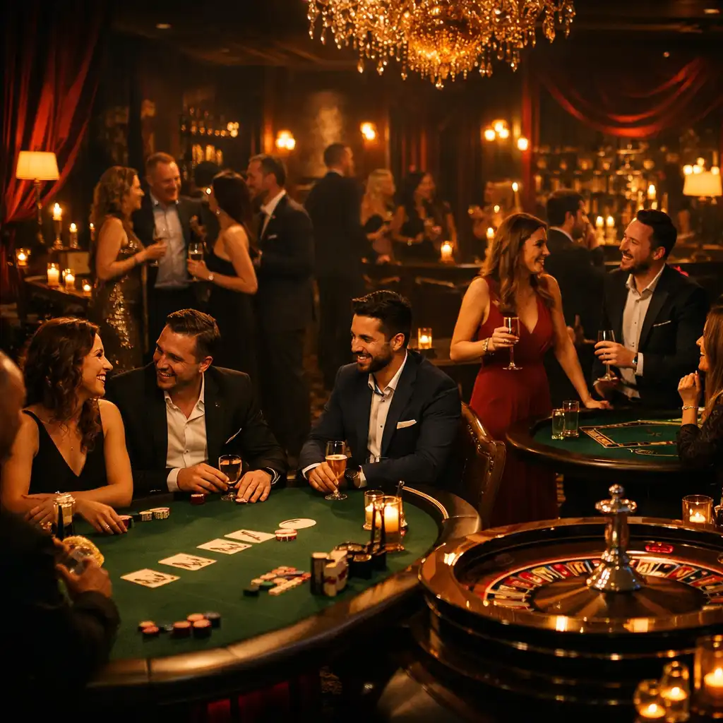 Przegląd eleganckich stołów pokerowych, ruletki i blackjacka przygotowanych na wieczór eventowy