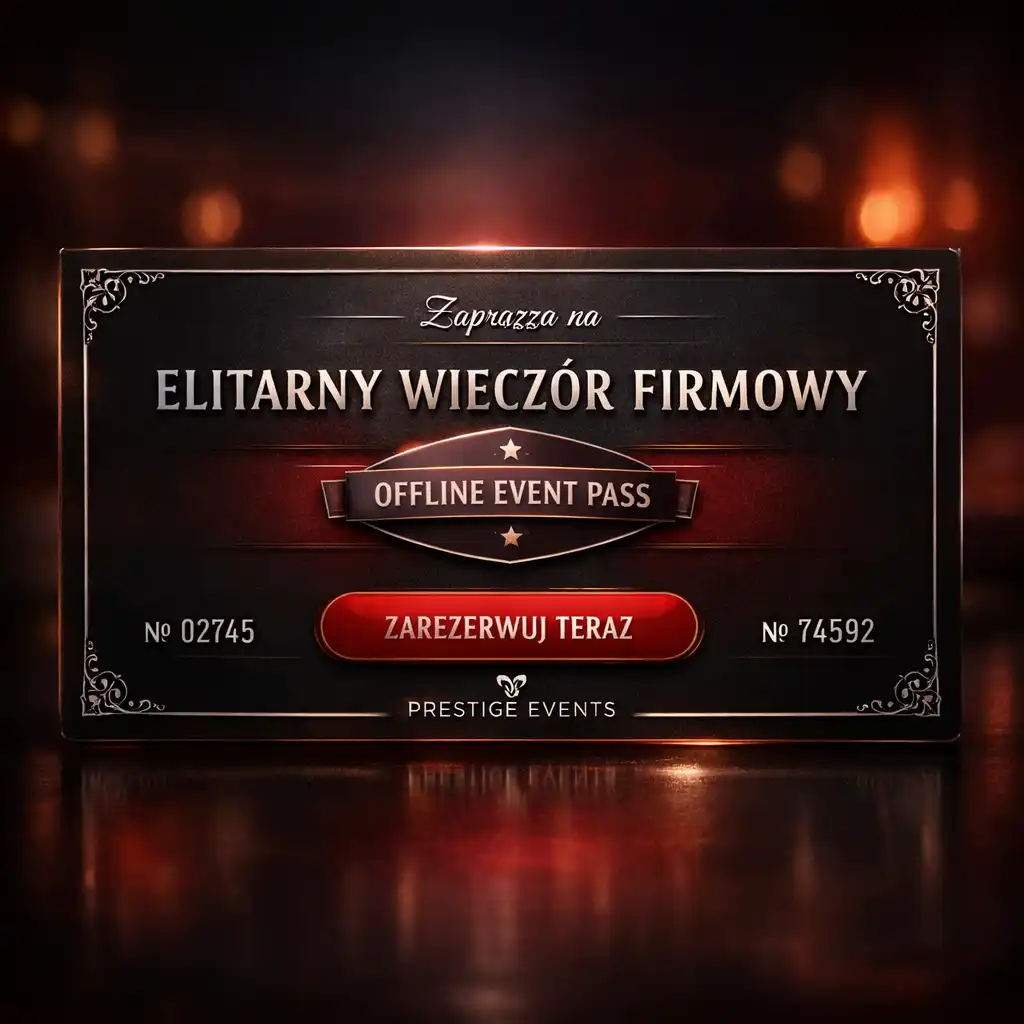 Elegancka karta zaproszenia na firmowy wieczór offline z pieczęcią eventową i numerem biletu