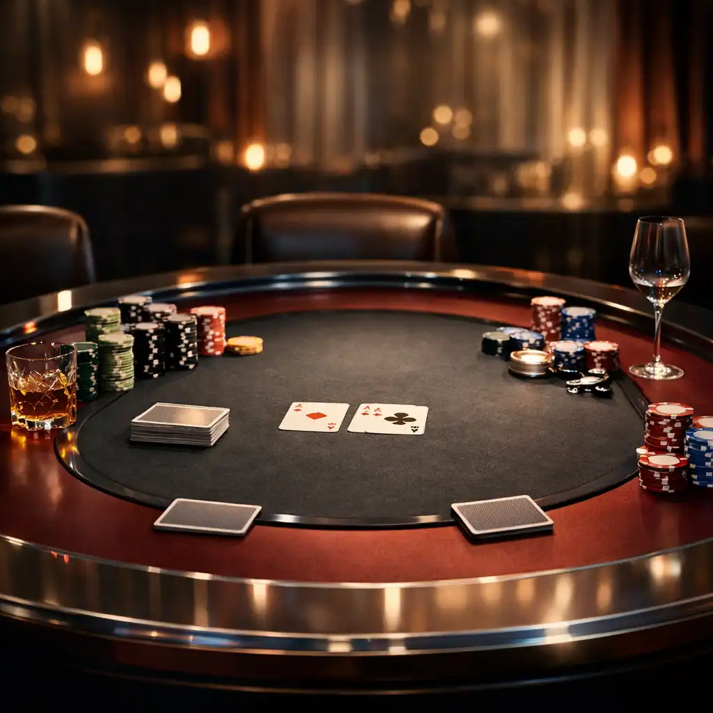 Profesjonalny stół pokerowy z żetonami i kartami przygotowany na wieczór eventowy