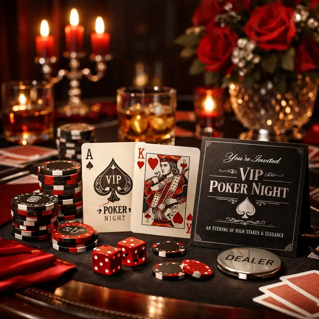 Tematyczna dekoracja stołu pokerowego z eleganckimi detalami i nastrojowym światłem