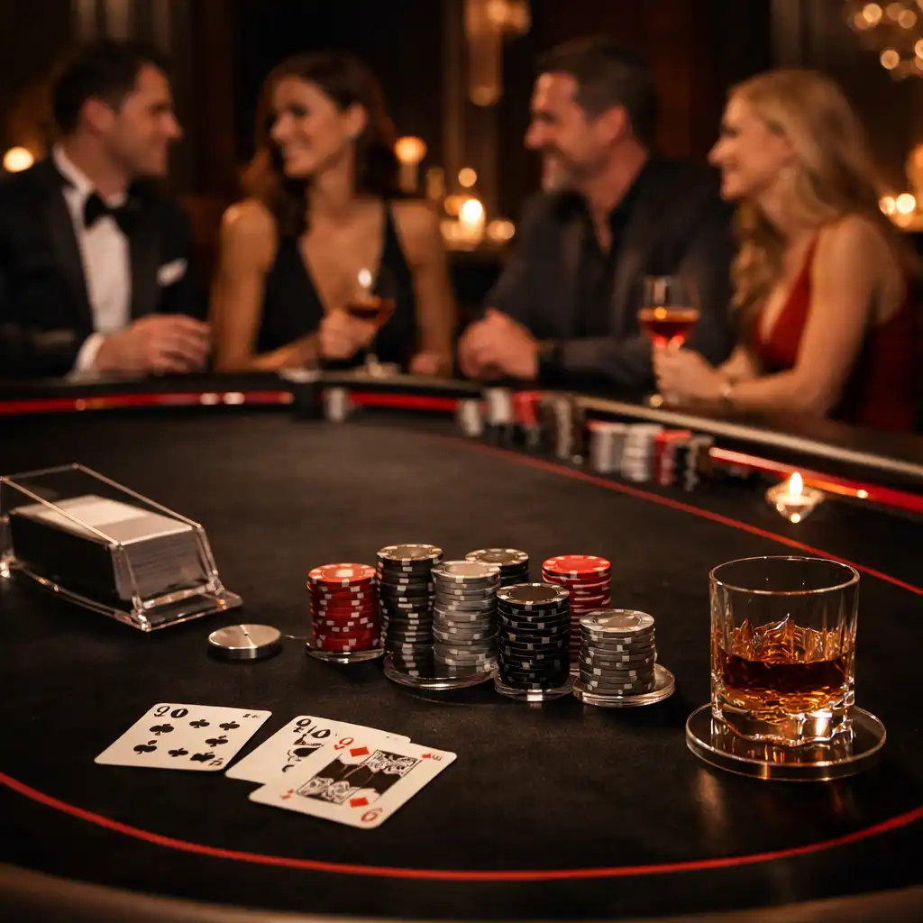 Prywatny wieczór pokerowy przy eleganckim stole z gośćmi AD-BI