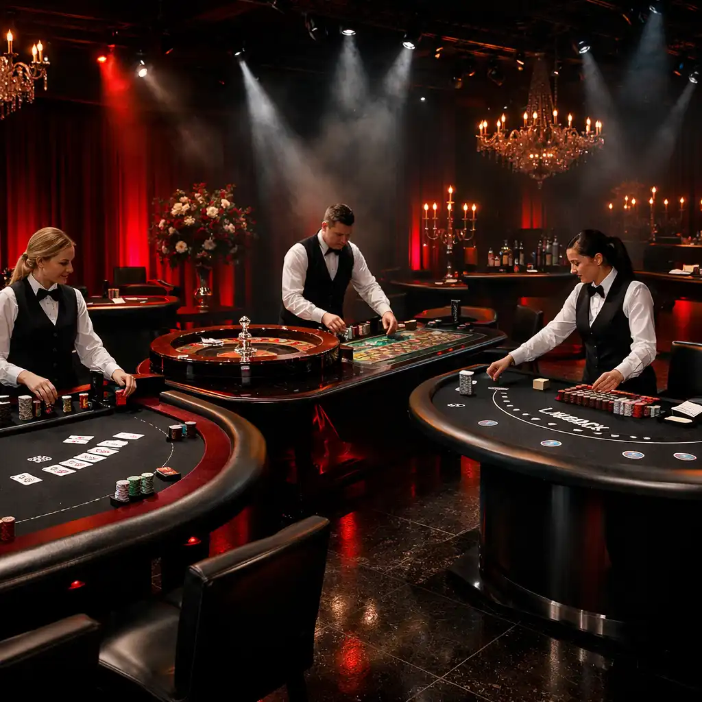 Efektowne stoły eventowe przygotowane na wieczór pokerowy, ruletkę i blackjack