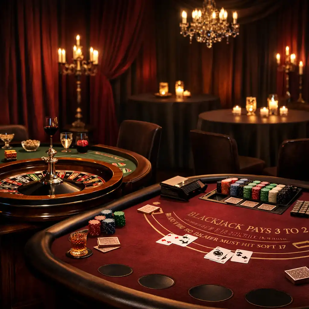 Eleganckie stoły ruletki i blackjacka prowadzone przez profesjonalnych krupierów na evencie