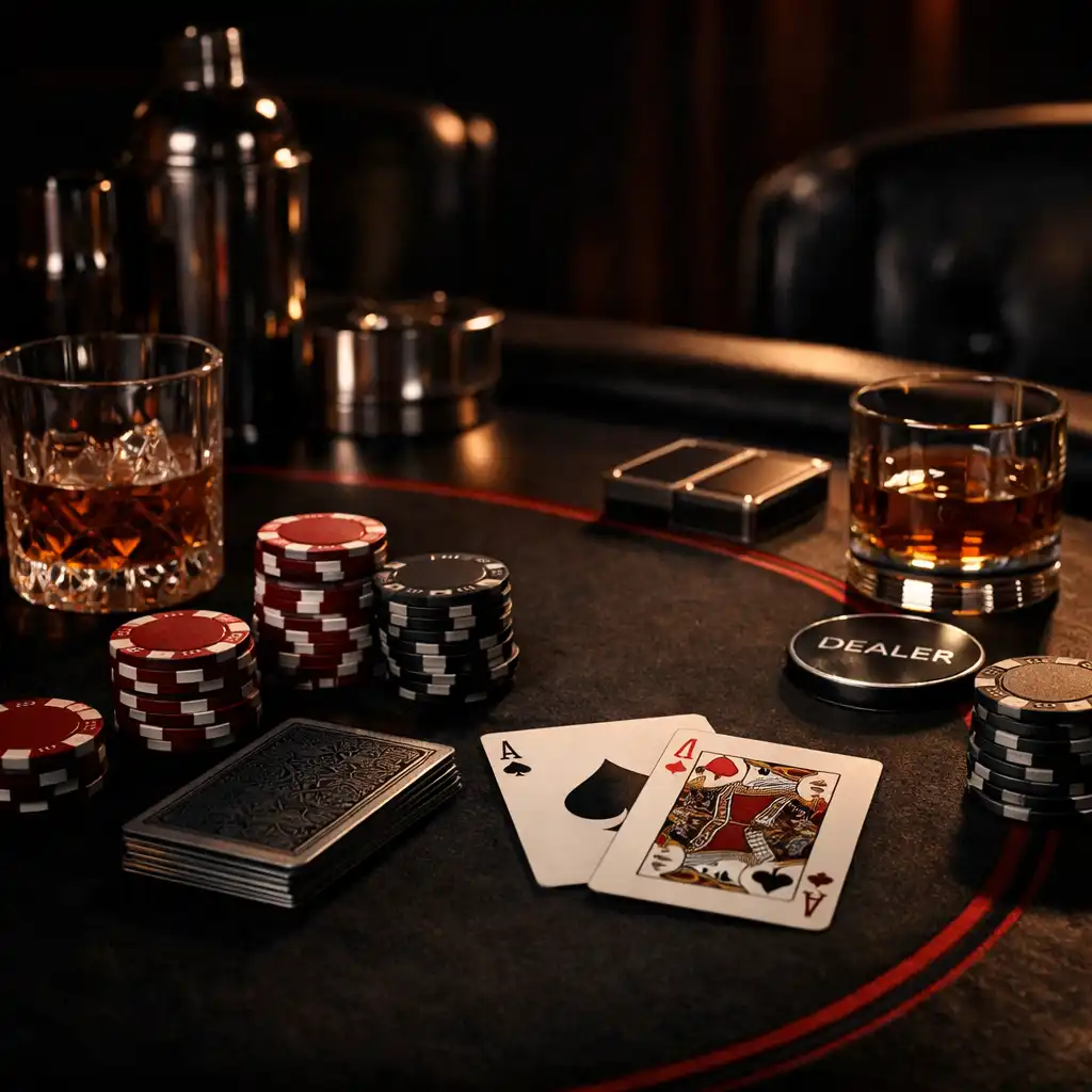 Wieczór pokerowy z eleganckimi stołami i uczestnikami w wieczorowych stylizacjach